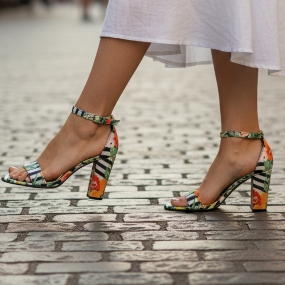 EUC ​Bamboo Tropical Floral & Striped Ankle Strap Block Heels - Size 10! - Picture 3 of 16